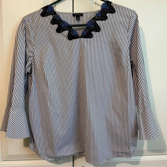 Talbots Petite Blue White Striped Rickrack-Trim Blouse Women’s Medium Petite - Picture 5 of 9